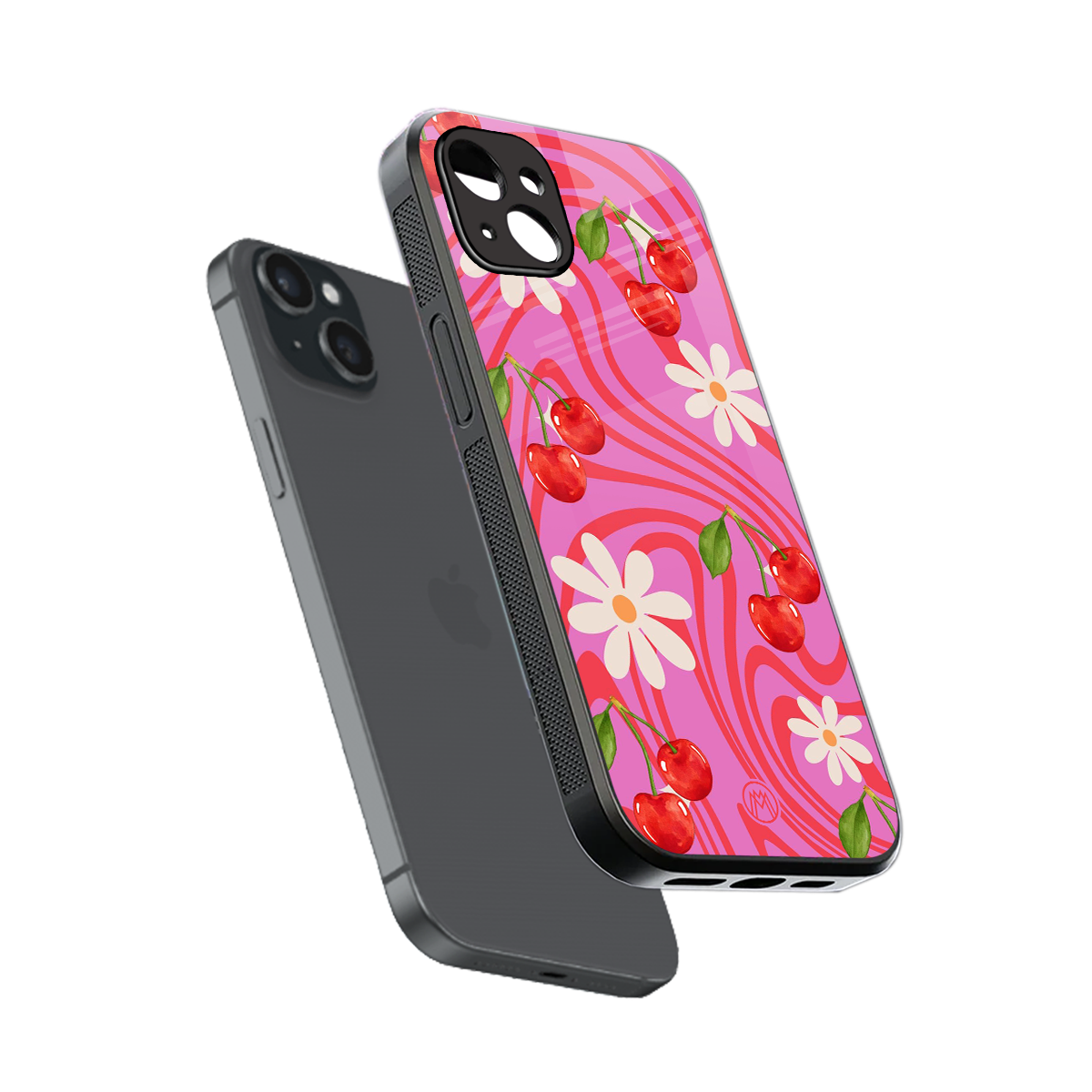 cherry swirl back phone cover | glass case for iphone 14 plus