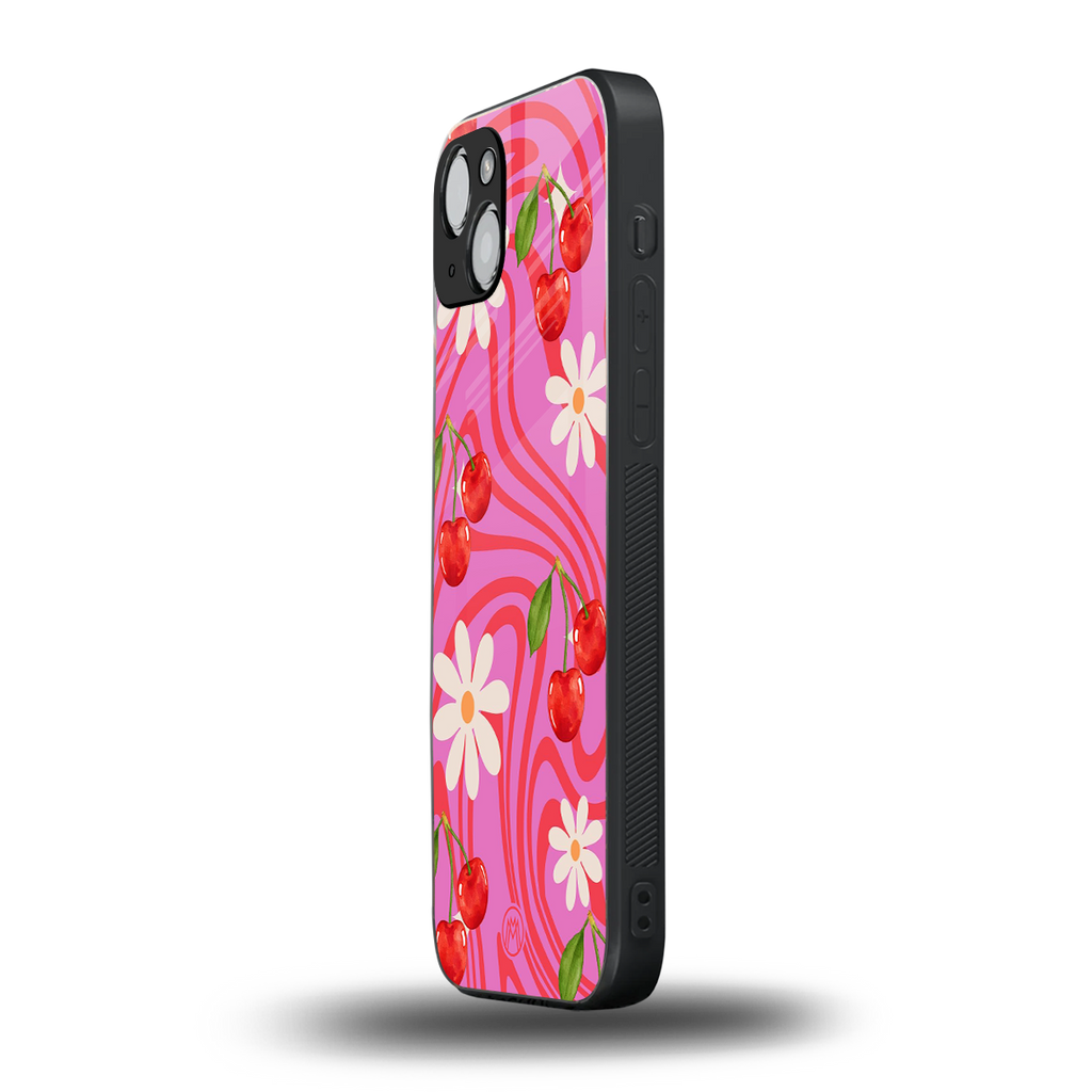 cherry swirl back phone cover | glass case for iphone 14 plus