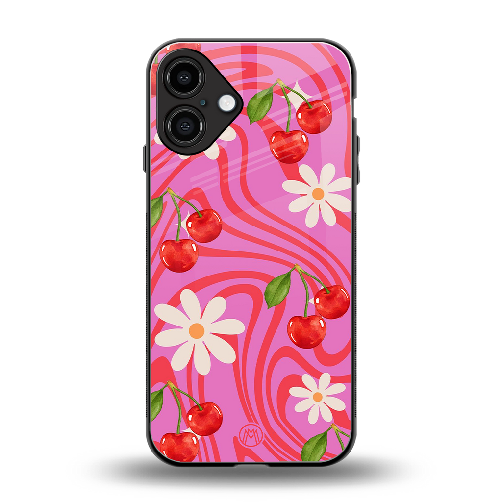 cherry swirl back phone cover | glass case for iphone 16 plus