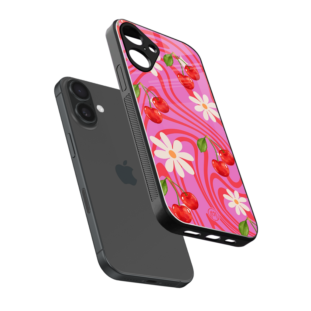 cherry swirl back phone cover | glass case for iphone 16 plus