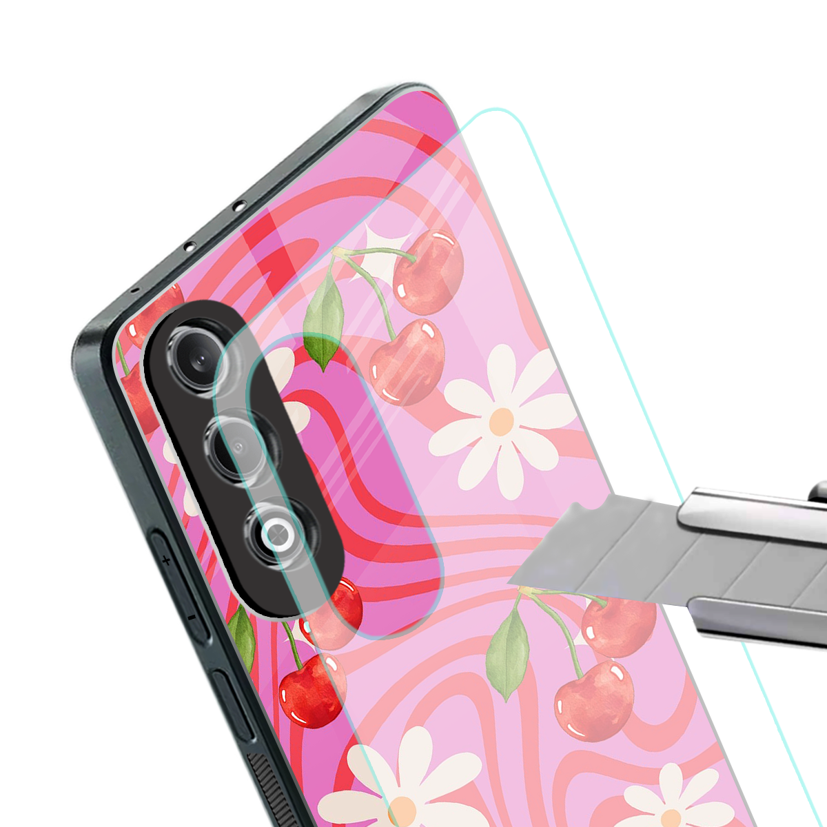 cherry swirl back phone cover | glass case for oneplus nord ce 4