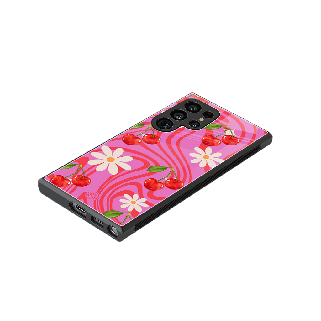 cherry swirl back phone cover | glass case for samsung galaxy s23 ultra