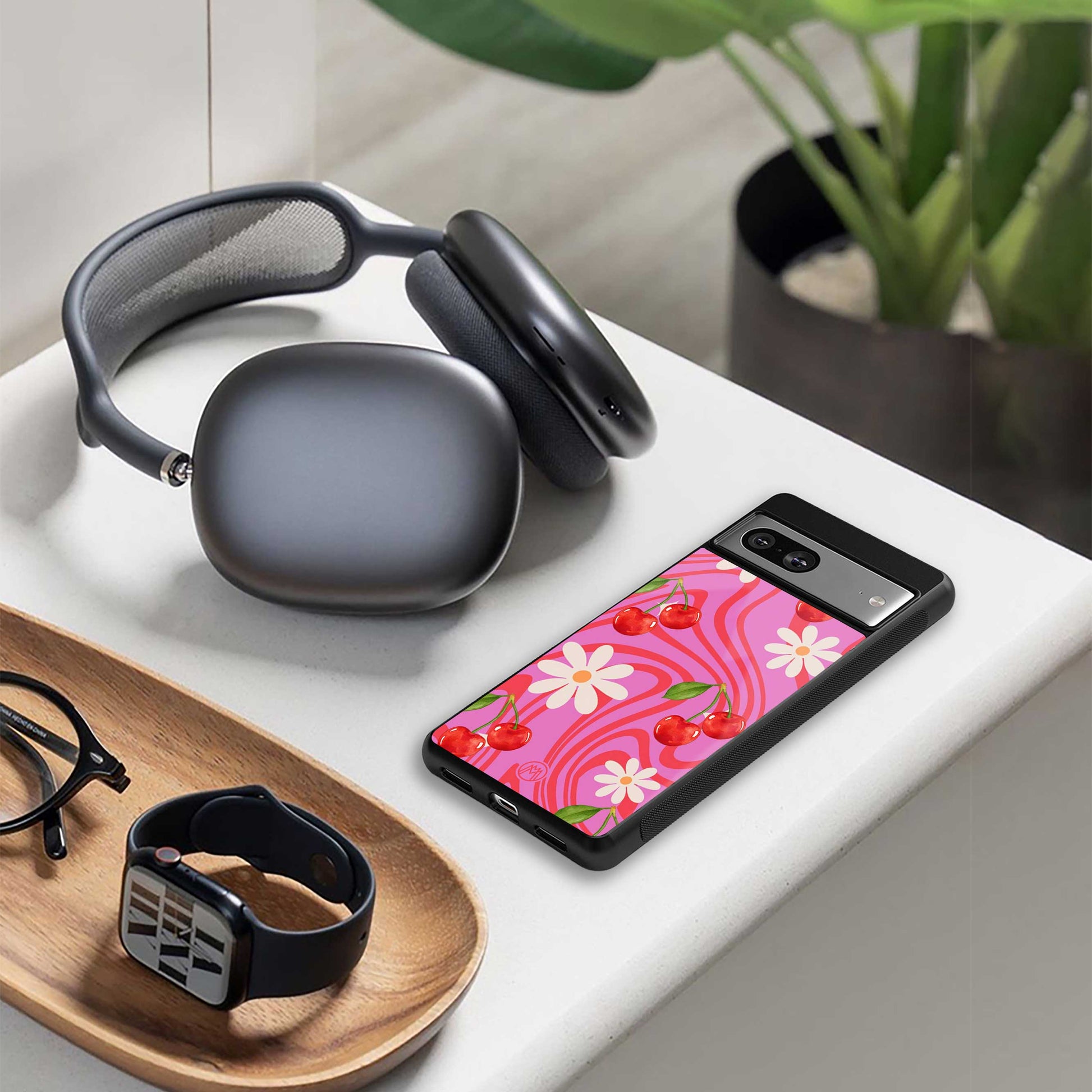 cherry swirl back phone cover | glass case for google pixel 7 pro