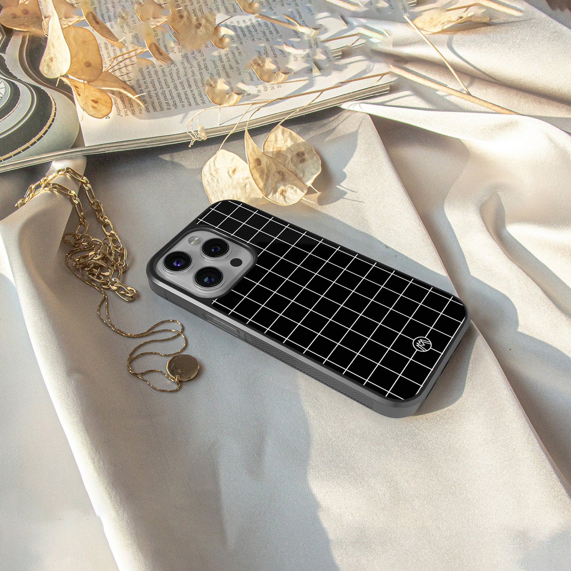 classic grid dark edition back phone cover | glass case for iphone 16 plus