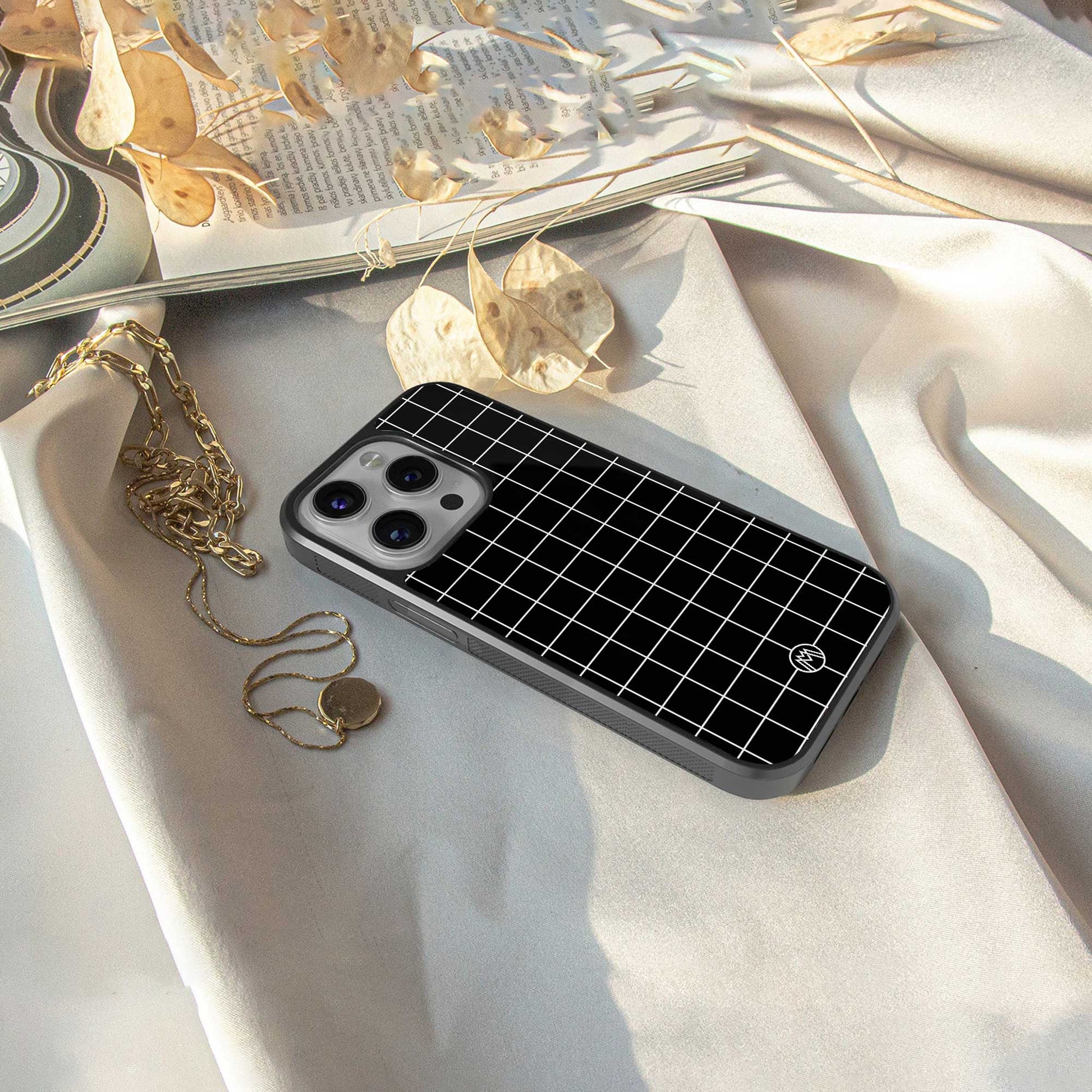 classic grid dark edition back phone cover | glass case for iphone 13 pro max
