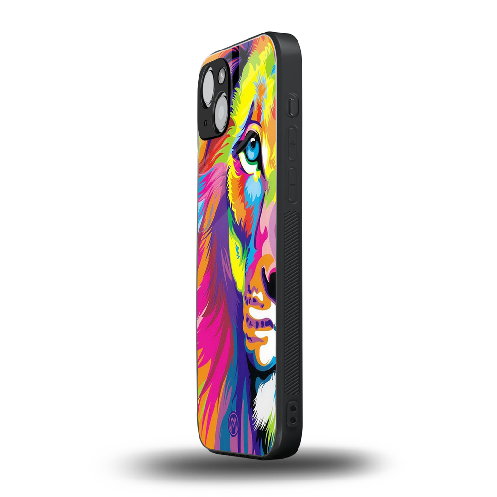 colourful fierce lion back phone cover | glass case for iphone 14 plus