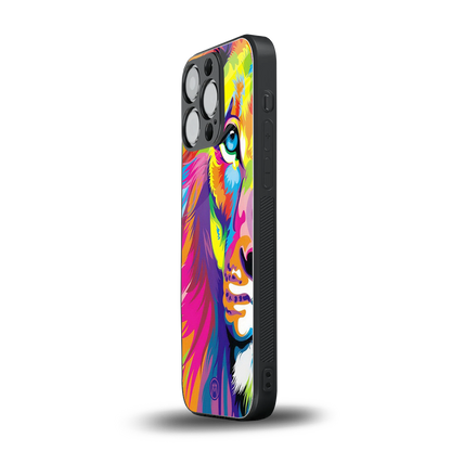 colourful fierce lion back phone cover | glass case for iphone 15 pro