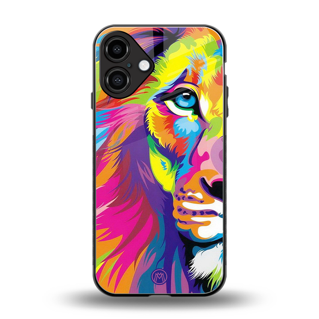 colourful fierce lion back phone cover | glass case for iphone 16 plus