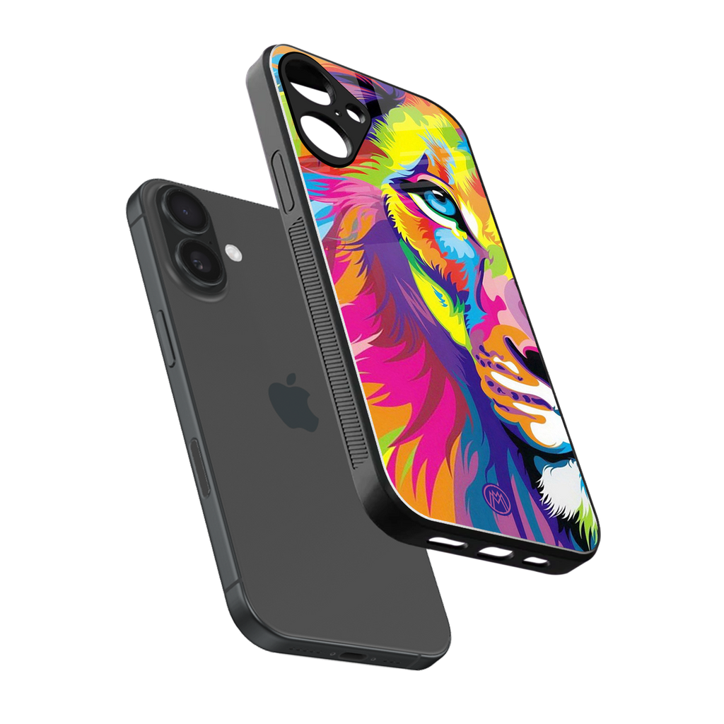 colourful fierce lion back phone cover | glass case for iphone 16 plus