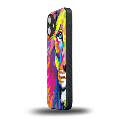 colourful fierce lion back phone cover | glass case for iphone 16 plus