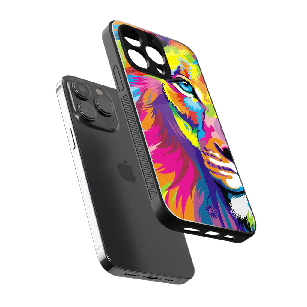 colourful fierce lion back phone cover | glass case for iphone 16 pro max