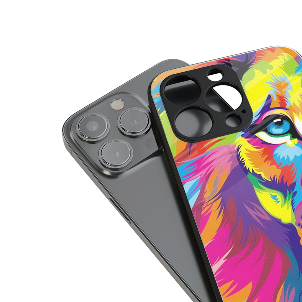 colourful fierce lion back phone cover | glass case for iphone 15 plus