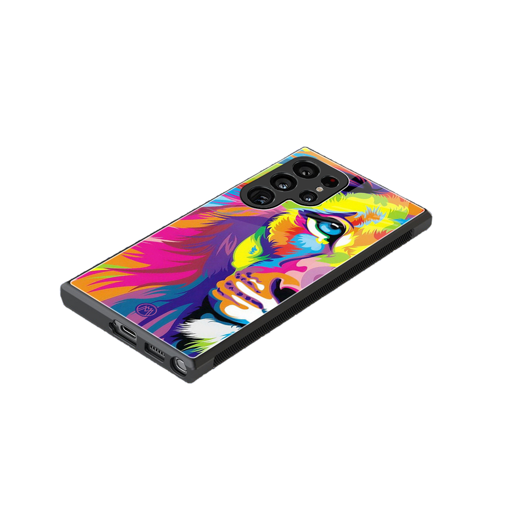 colourful fierce lion back phone cover | glass case for samsung galaxy s23 ultra