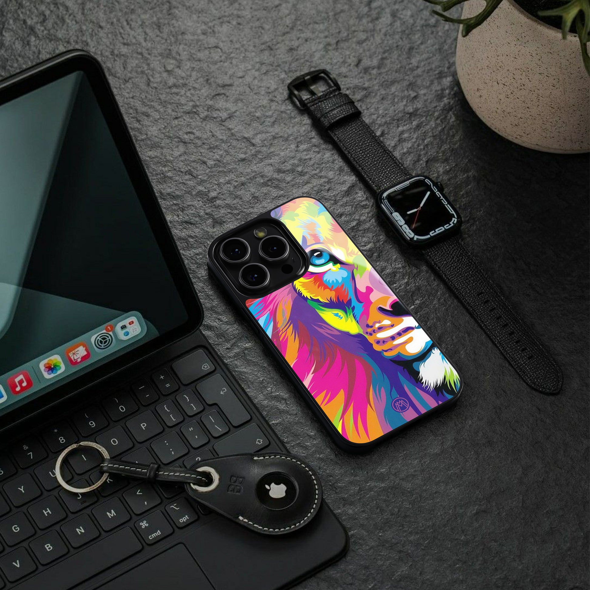 colourful fierce lion back phone cover | glass case for iphone 16 pro max