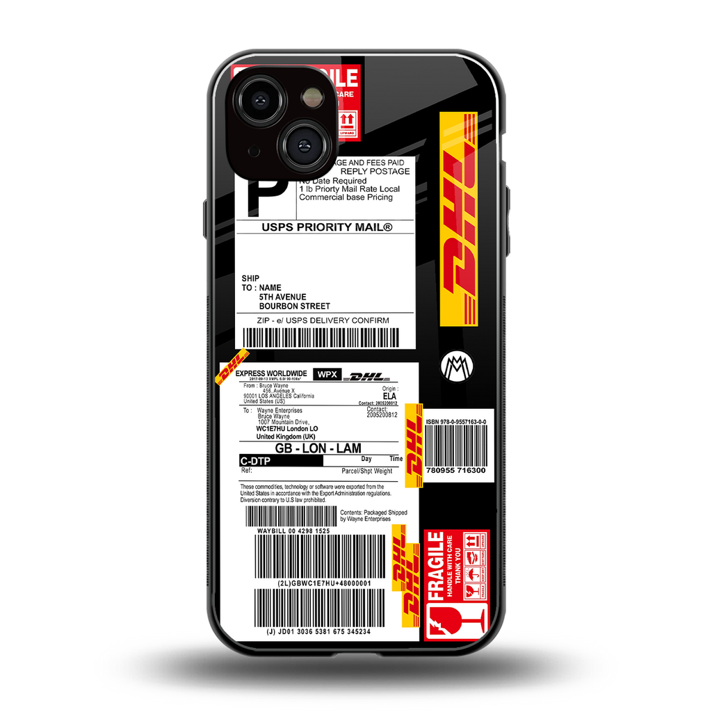 dhl delivery label back phone cover | glass case for iphone 15 plus