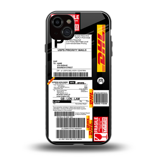dhl delivery label back phone cover | glass case for iphone 15 plus