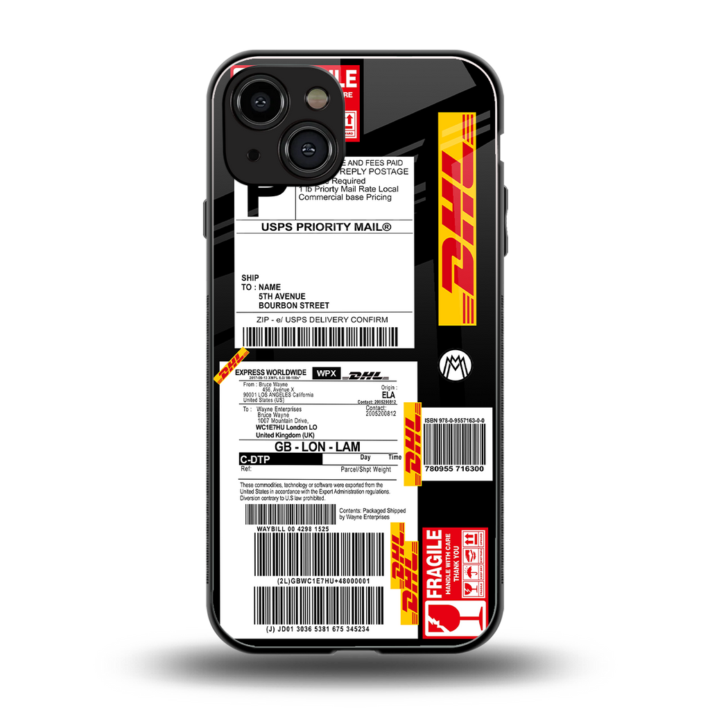 dhl delivery label back phone cover | glass case for iphone 15