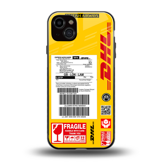 dhl yellow delivery label back phone cover | glass case for iphone 15 plus