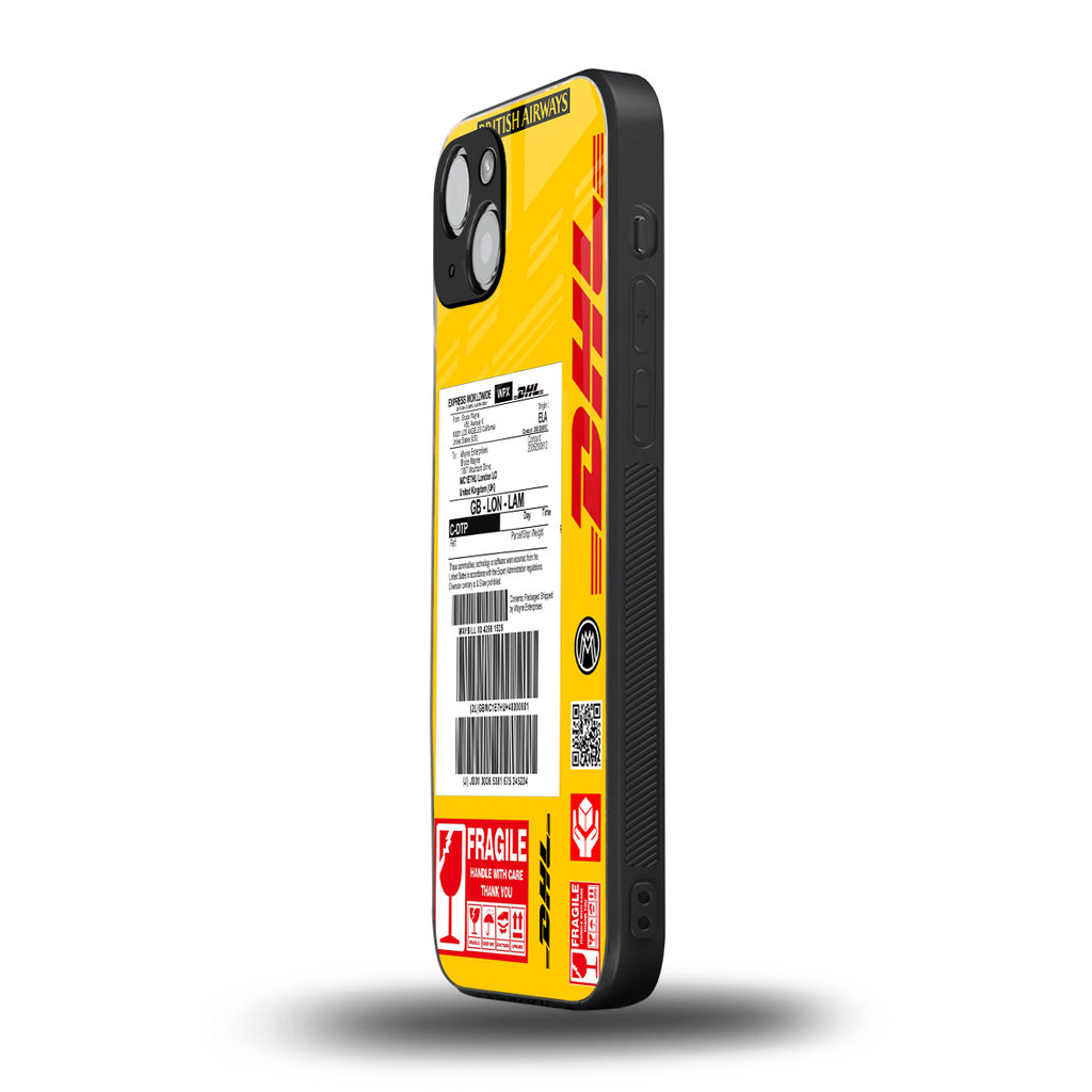 dhl yellow delivery label back phone cover | glass case for iphone 15 plus