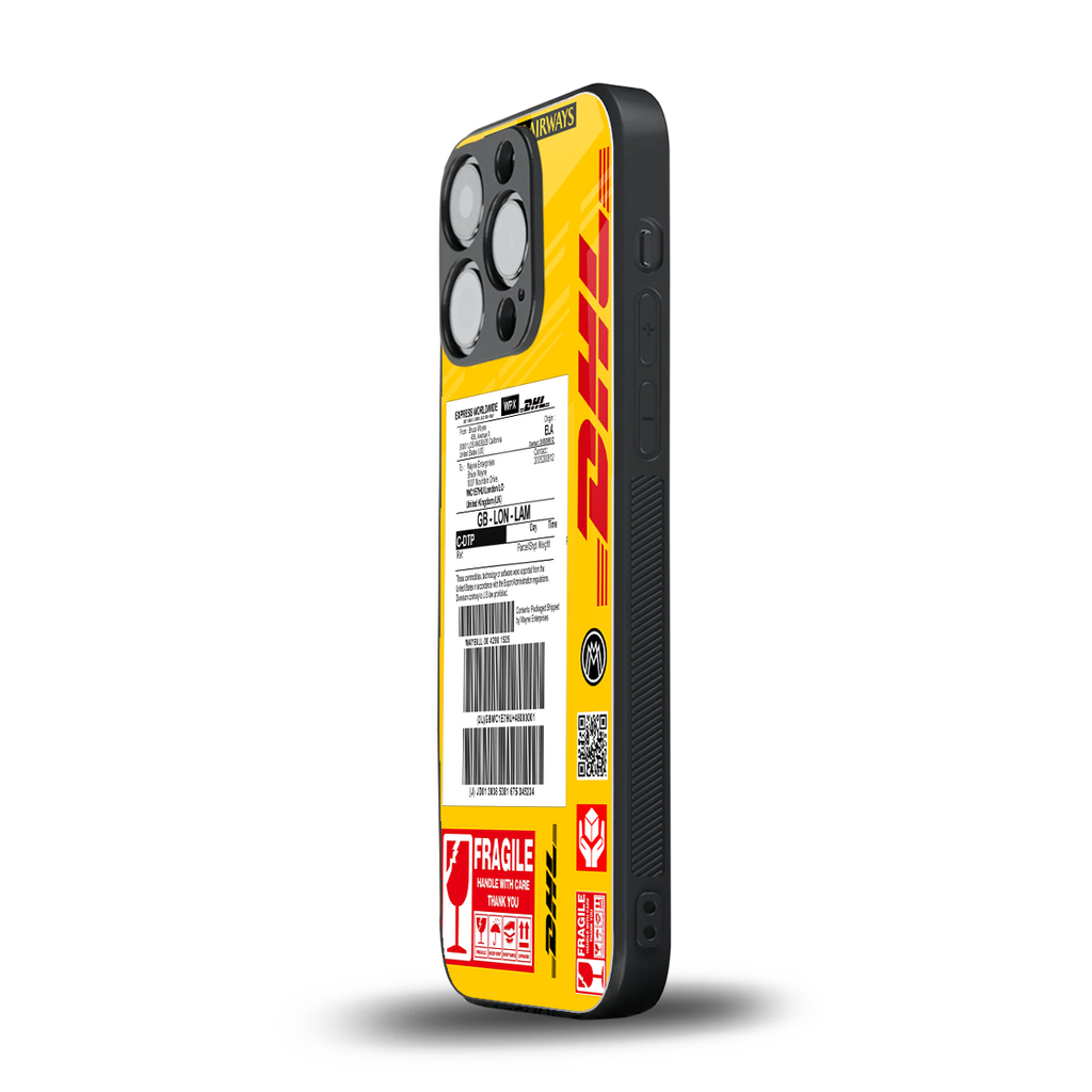 dhl yellow delivery label back phone cover | glass case for iphone 15 pro