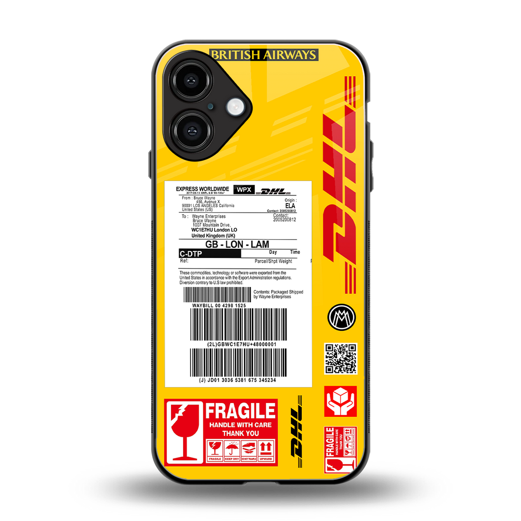 dhl yellow delivery label back phone cover | glass case for iphone 16 plus
