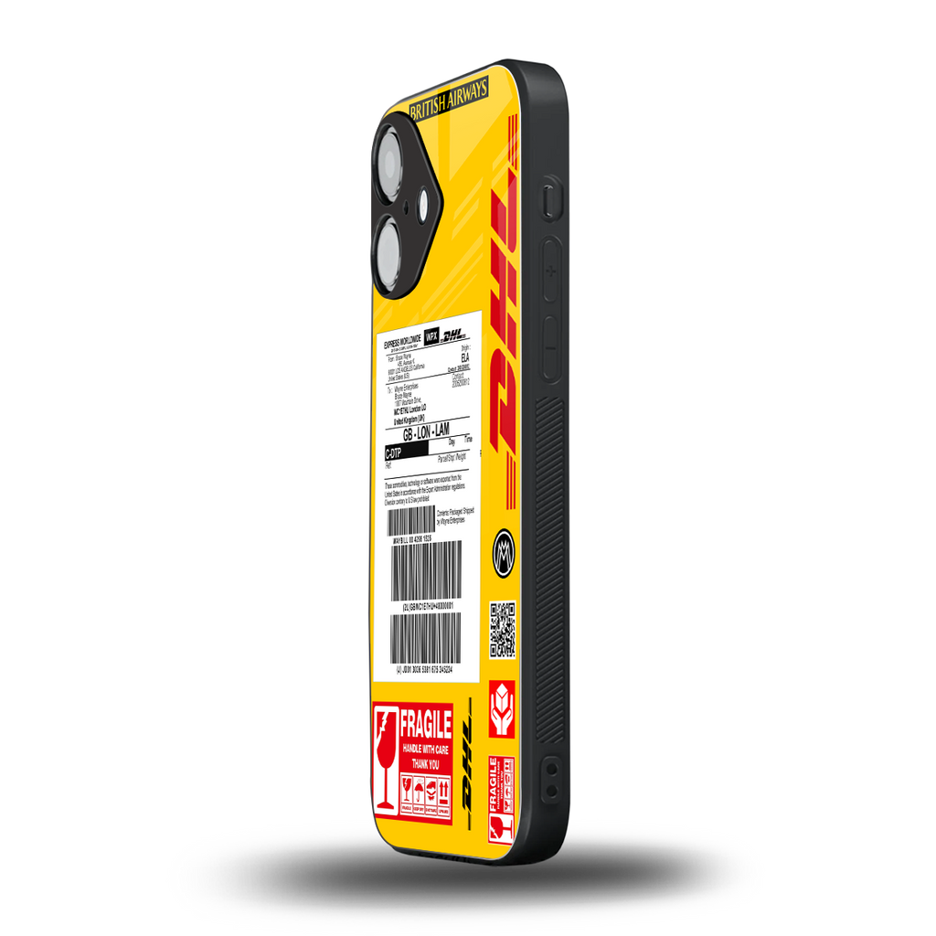 dhl yellow delivery label back phone cover | glass case for iphone 16