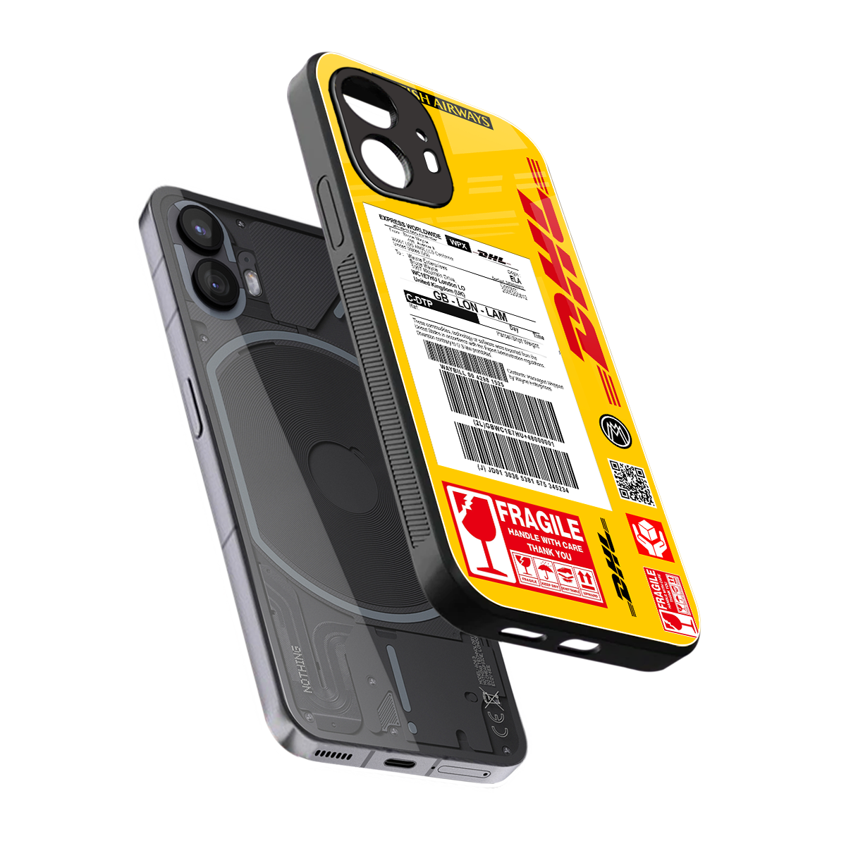 dhl yellow delivery label back phone cover | glass case for nothing phone 2