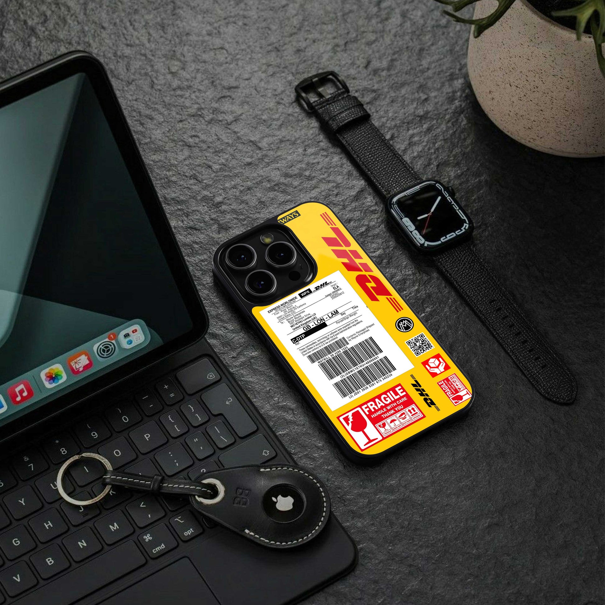 dhl yellow delivery label back phone cover | glass case for iphone 14