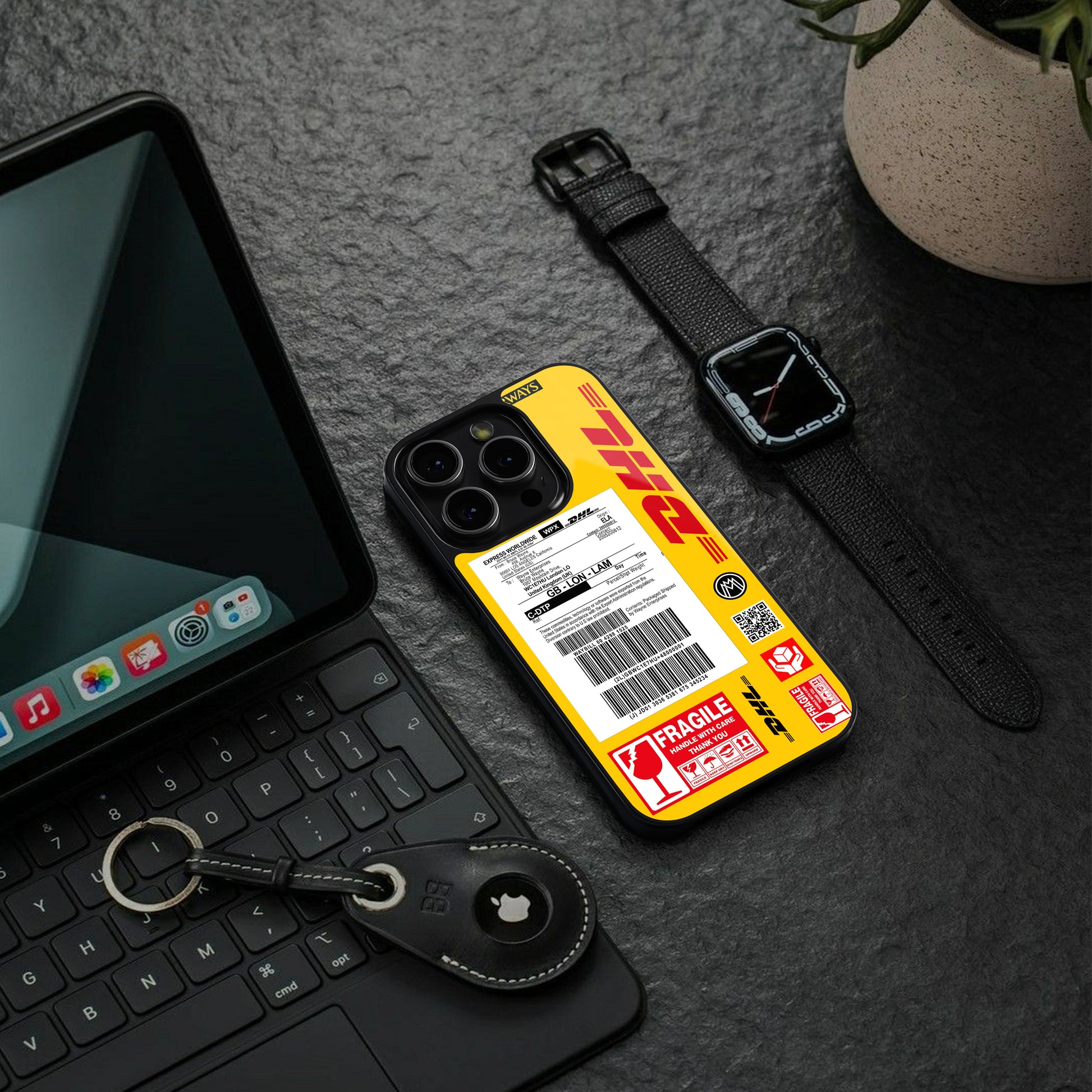 dhl yellow delivery label back phone cover | glass case for iphone 15 pro