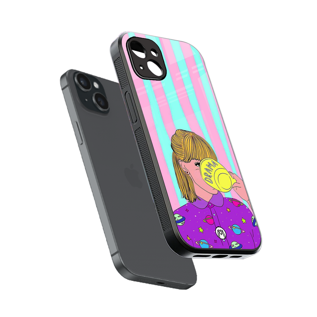dramateacal girl back phone cover | glass case for iphone 14 plus