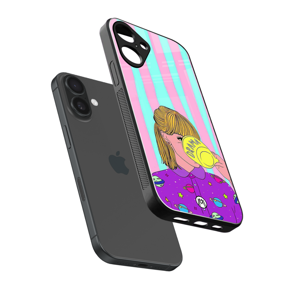 dramateacal girl back phone cover | glass case for iphone 16 plus