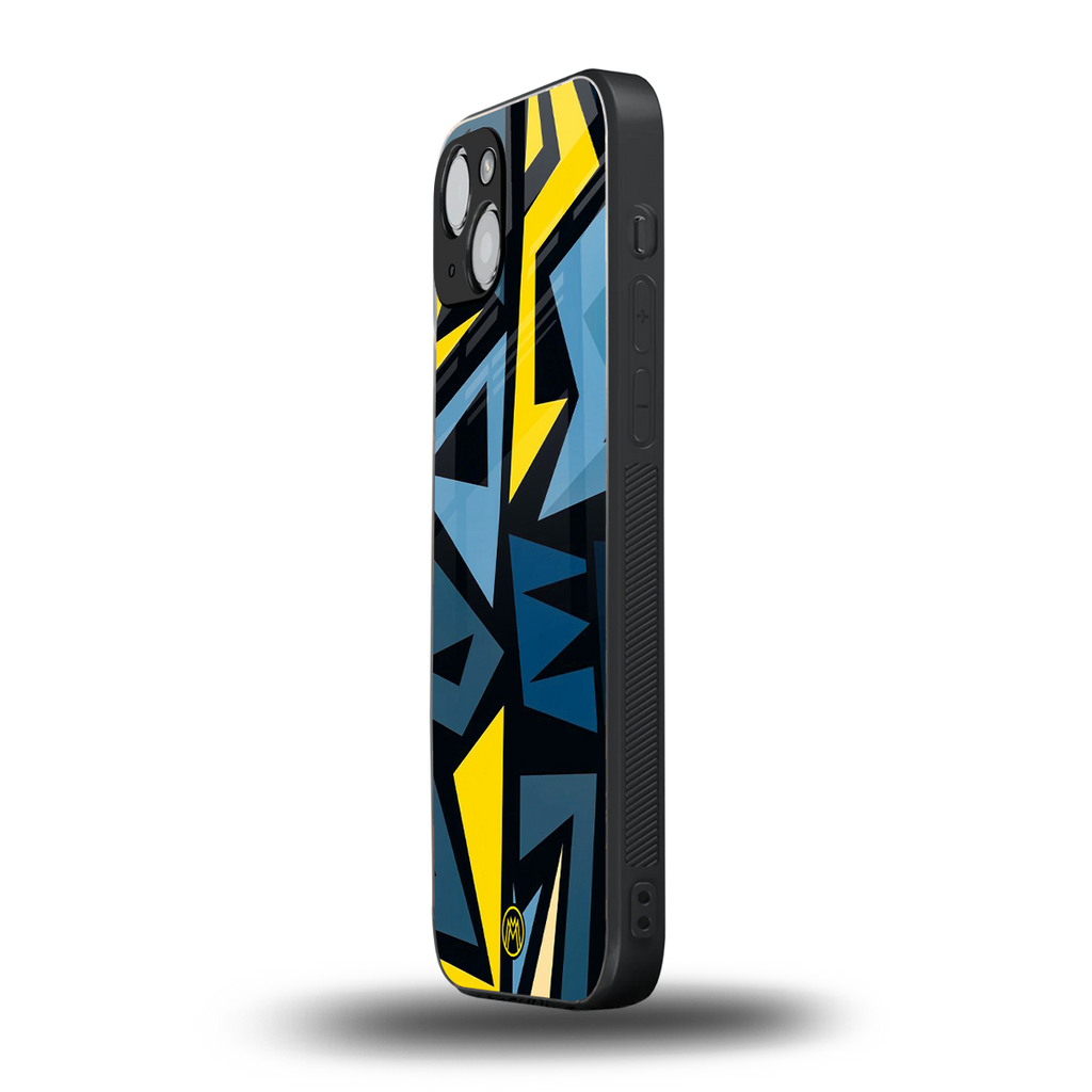 dynamic blue yellow pattern back phone cover | glass case for iphone 15 plus