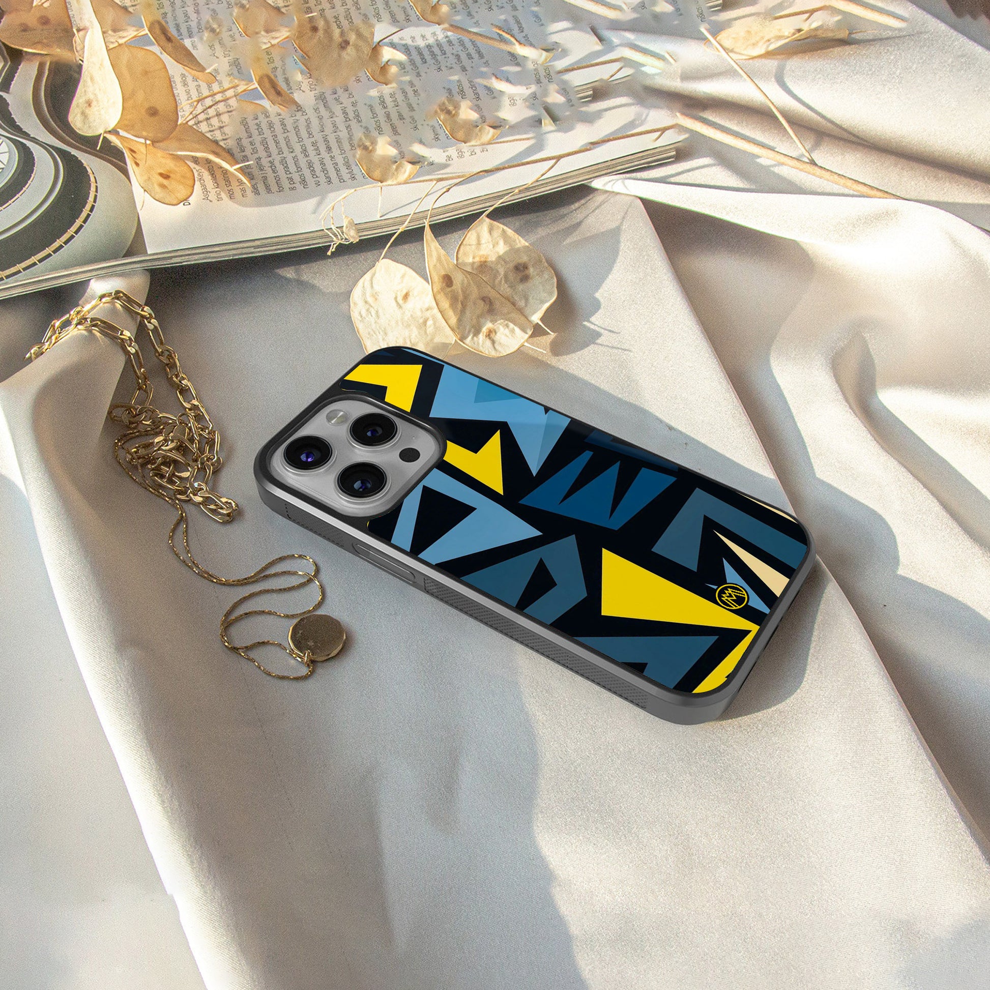 dynamic blue yellow pattern back phone cover | glass case for iphone 15 pro