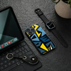 dynamic blue yellow pattern back phone cover | glass case for iphone 16 plus