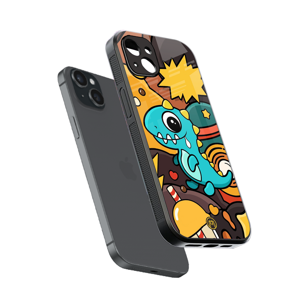 emerald green dinosaur back phone cover | glass case for iphone 15 plus