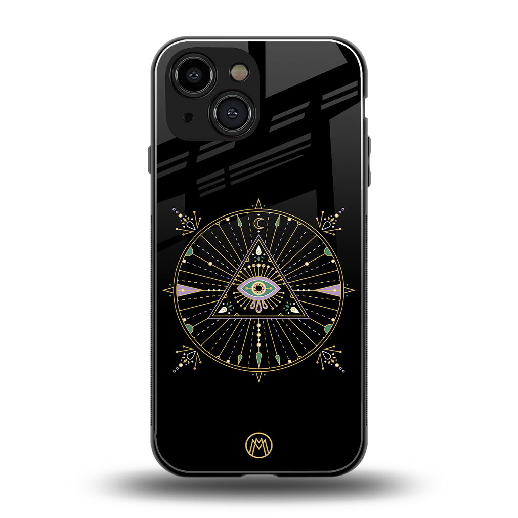 evil eye mandala black back phone cover | glass case for iphone 13 mini