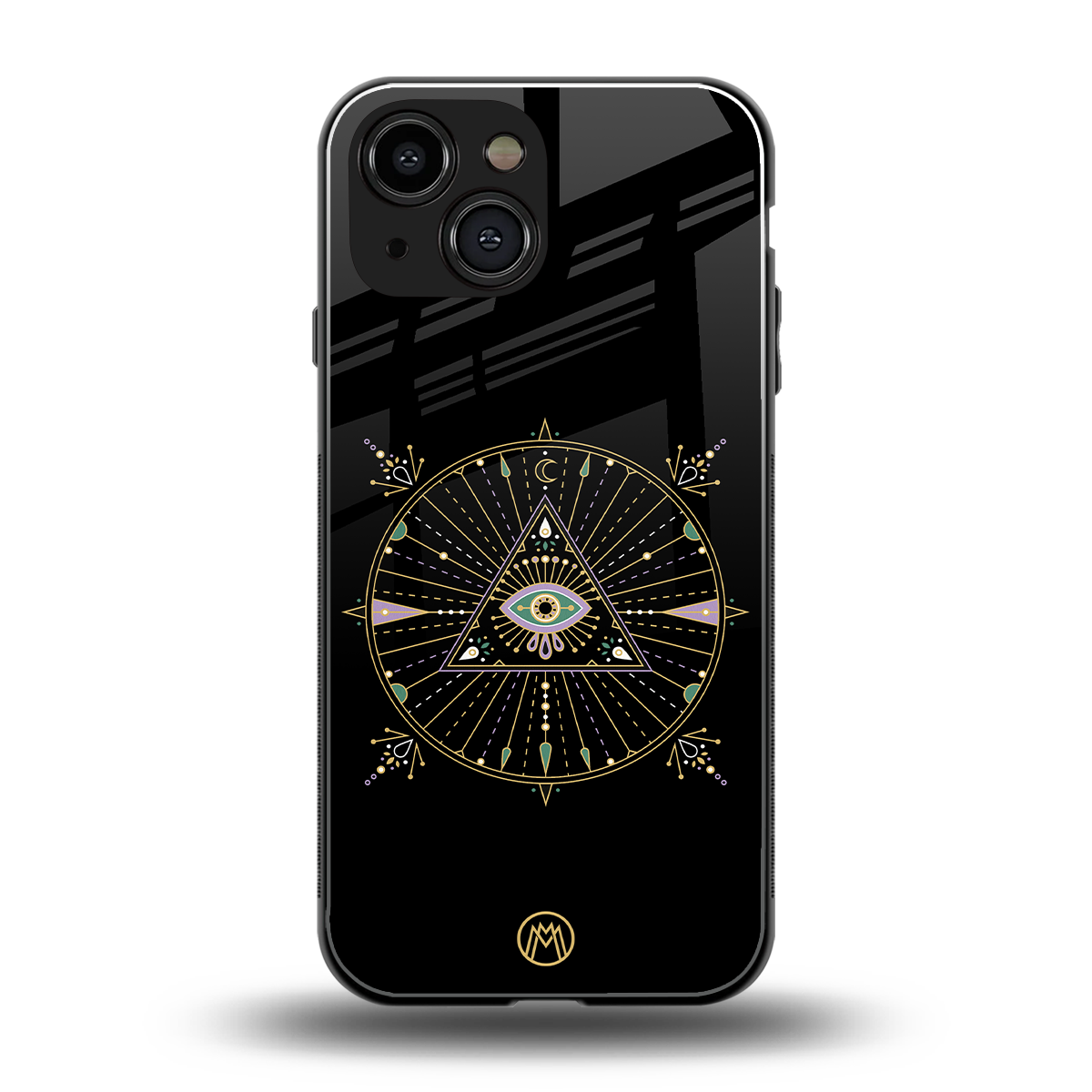 evil eye mandala black back phone cover | glass case for iphone 13 mini