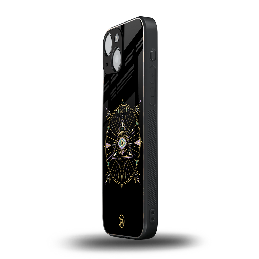evil eye mandala black back phone cover | glass case for iphone 13 mini