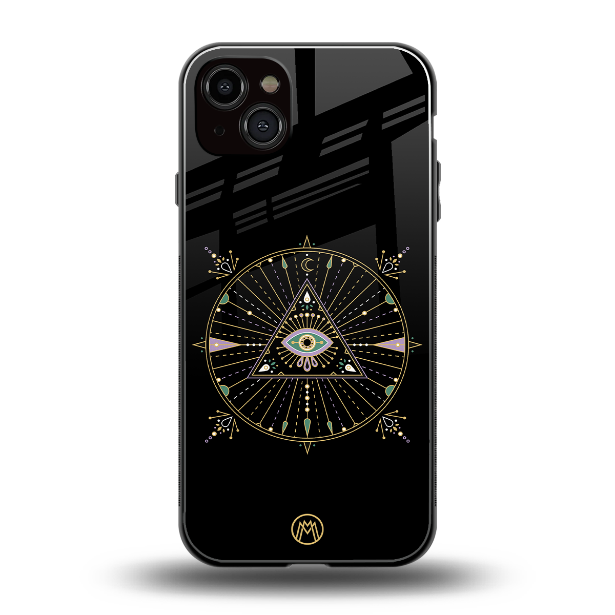 evil eye mandala black back phone cover | glass case for iphone 15 plus