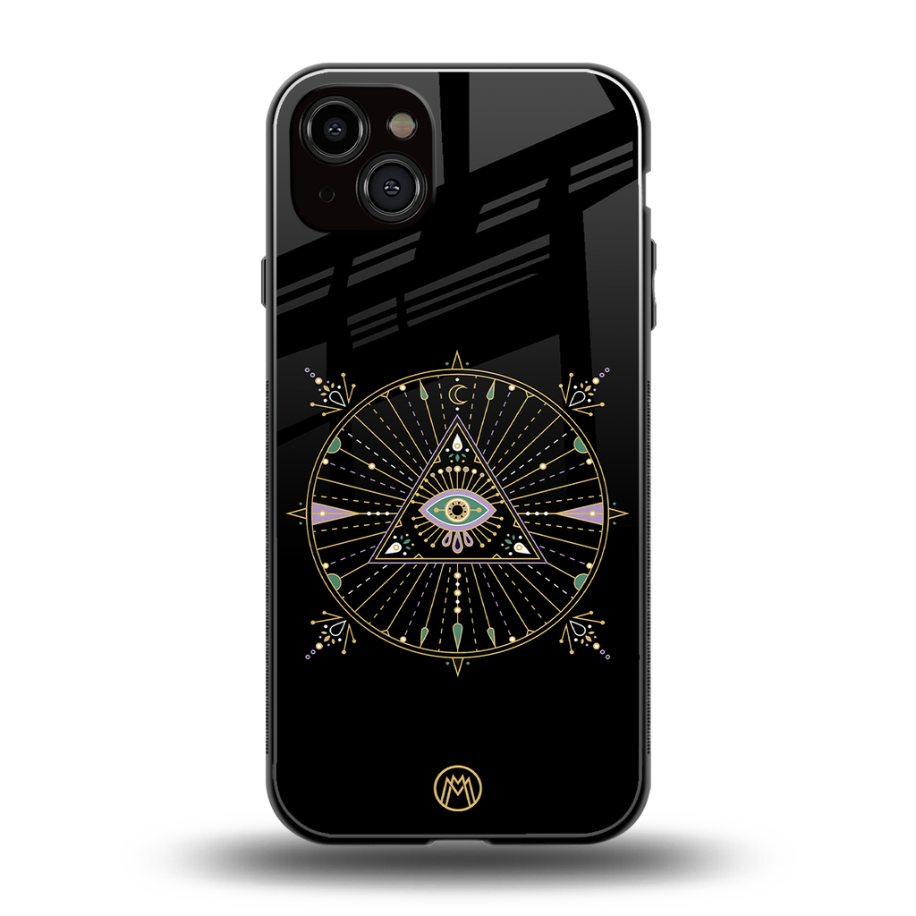 evil eye mandala black back phone cover | glass case for iphone 14 plus