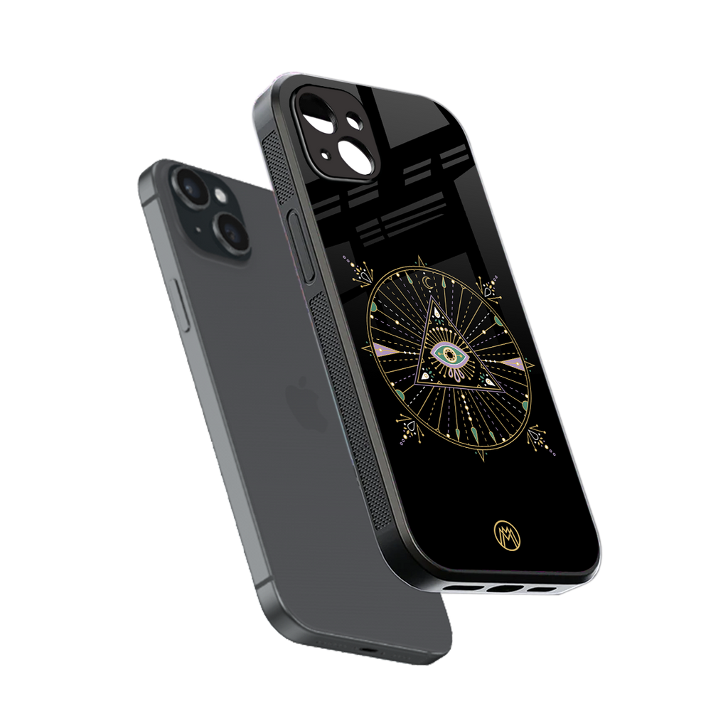 evil eye mandala black back phone cover | glass case for iphone 15 plus
