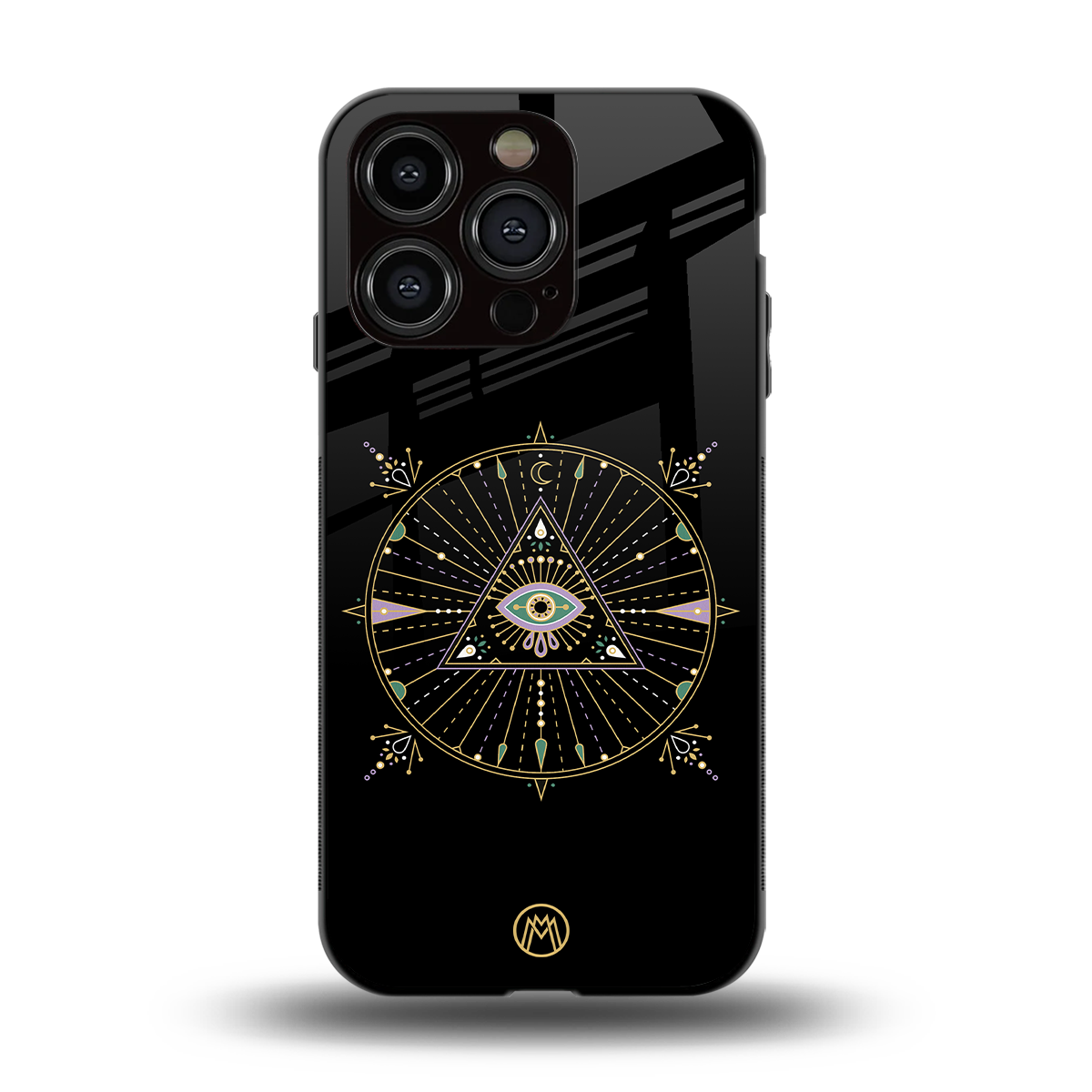 evil eye mandala black back phone cover | glass case for iphone 15 pro