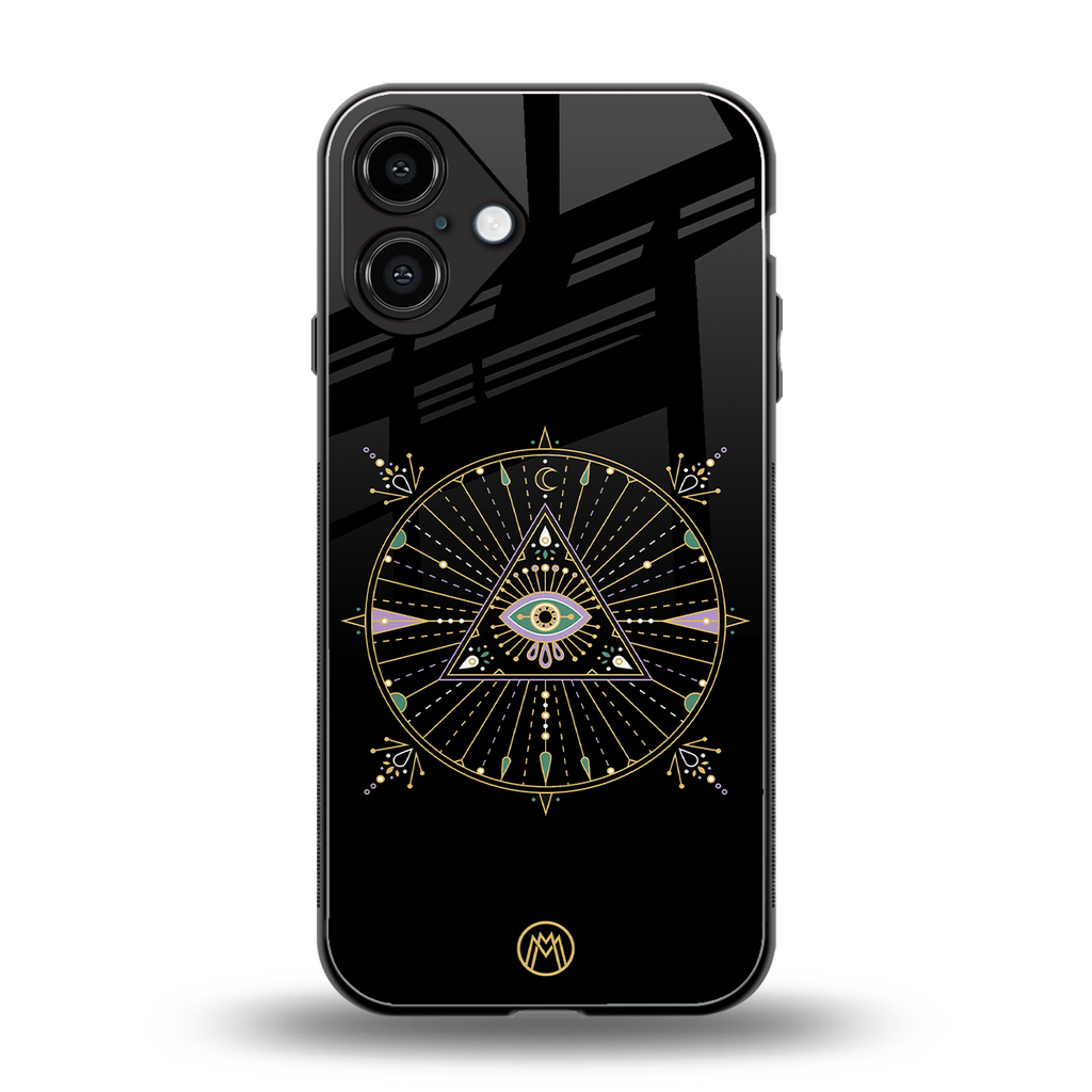 evil eye mandala black back phone cover | glass case for iphone 16 plus