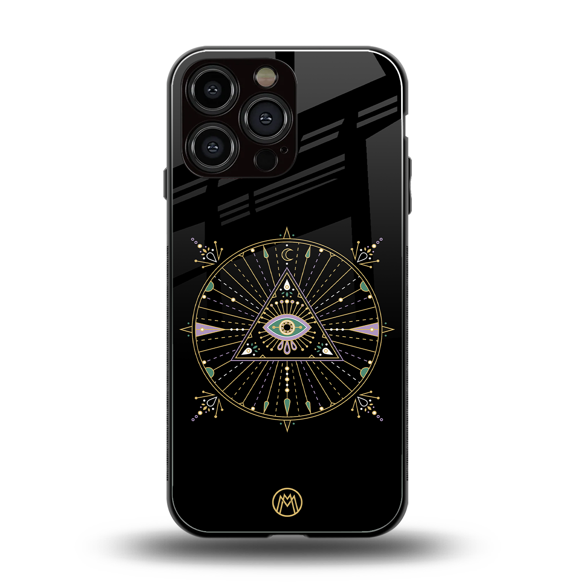 evil eye mandala black back phone cover | glass case for iphone 16 pro max