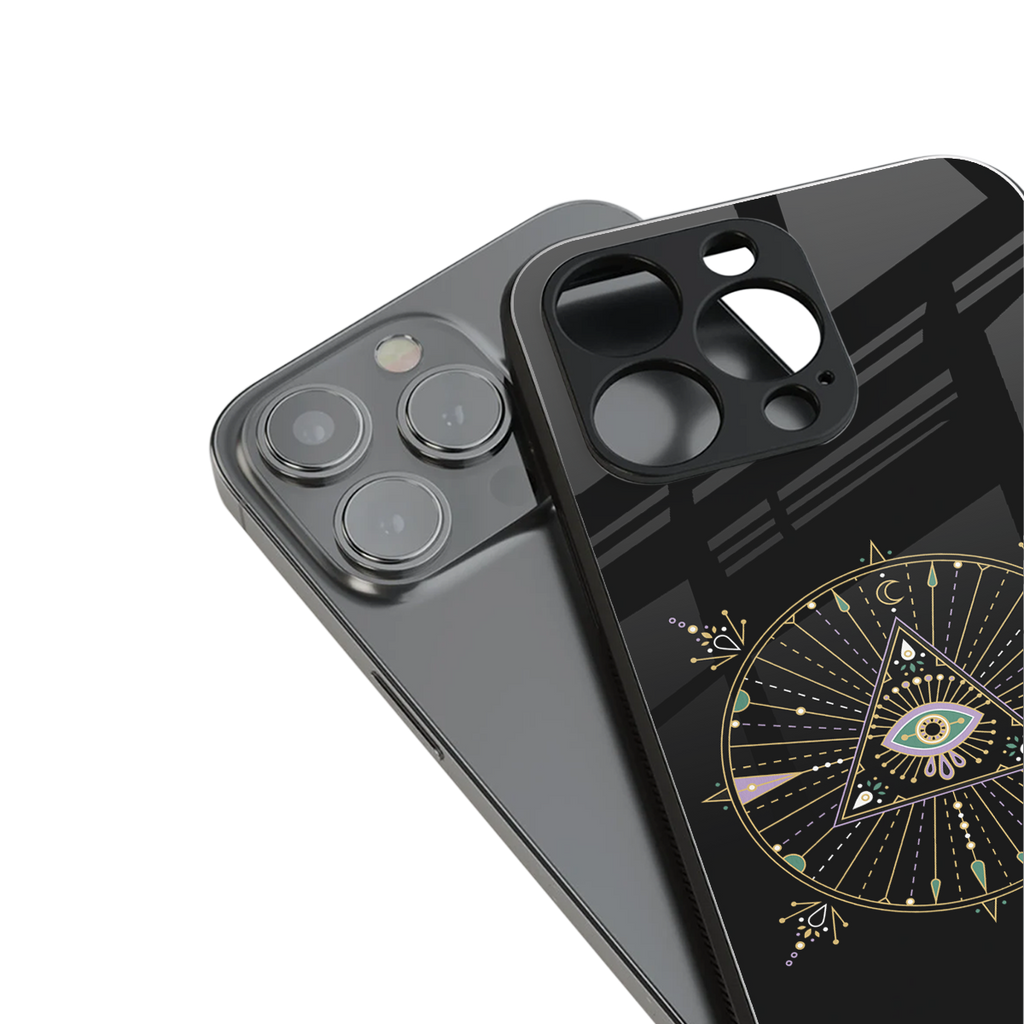 evil eye mandala black back phone cover | glass case for iphone 13 mini