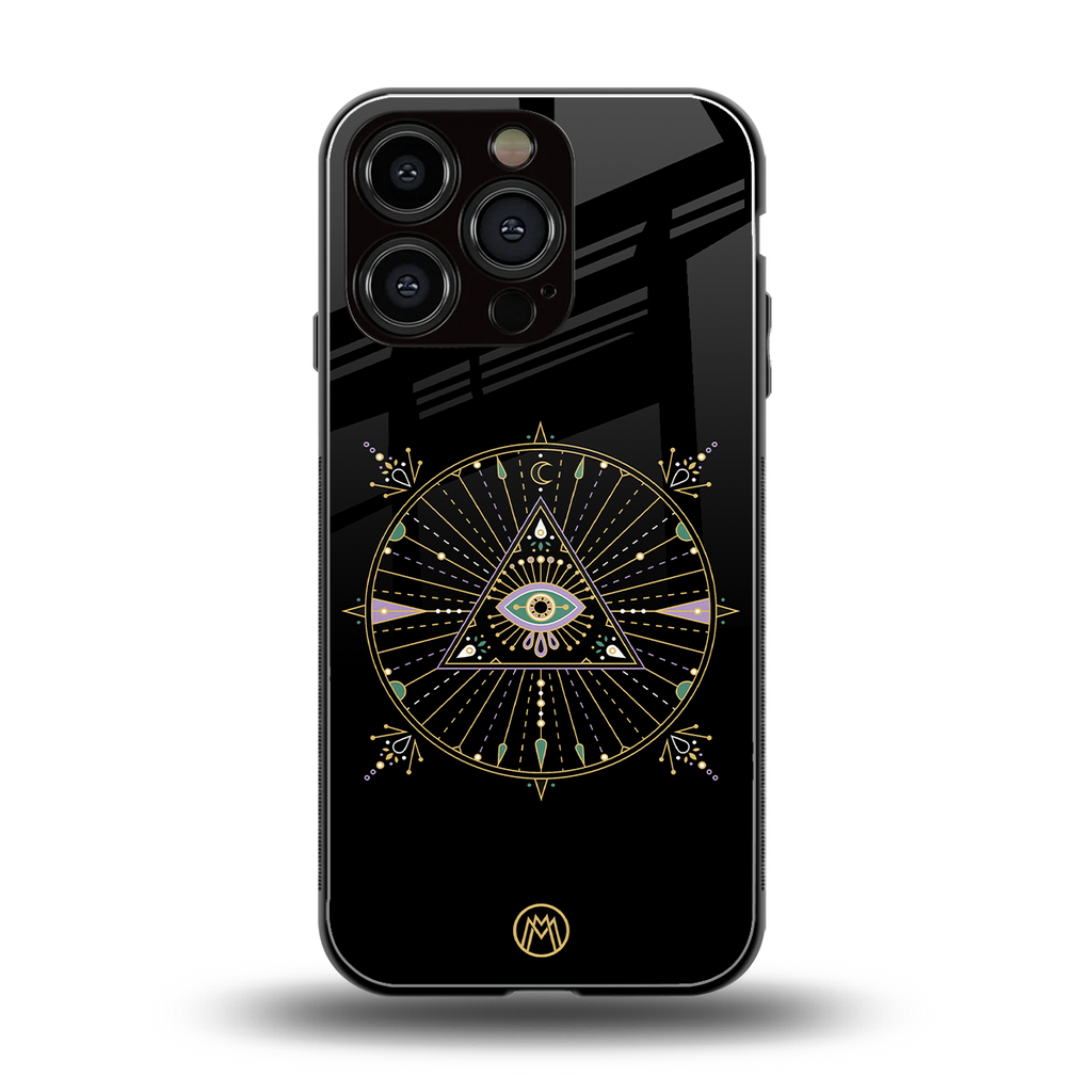 evil eye mandala black back phone cover | glass case for iphone 16 pro