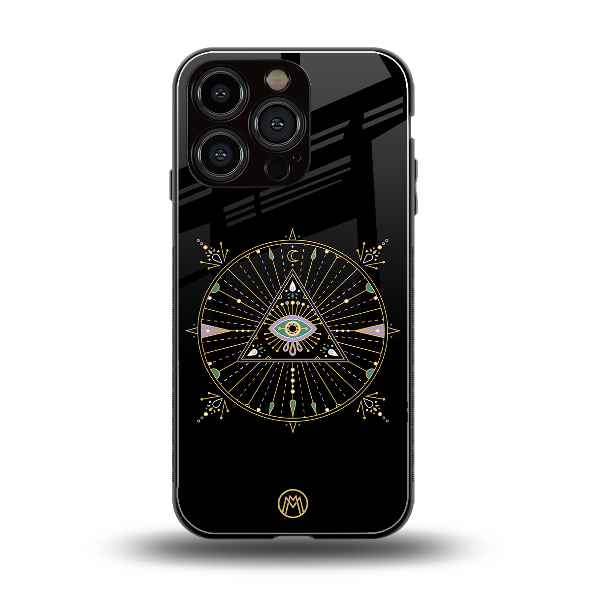 evil eye mandala black back phone cover | glass case for iphone 16 pro