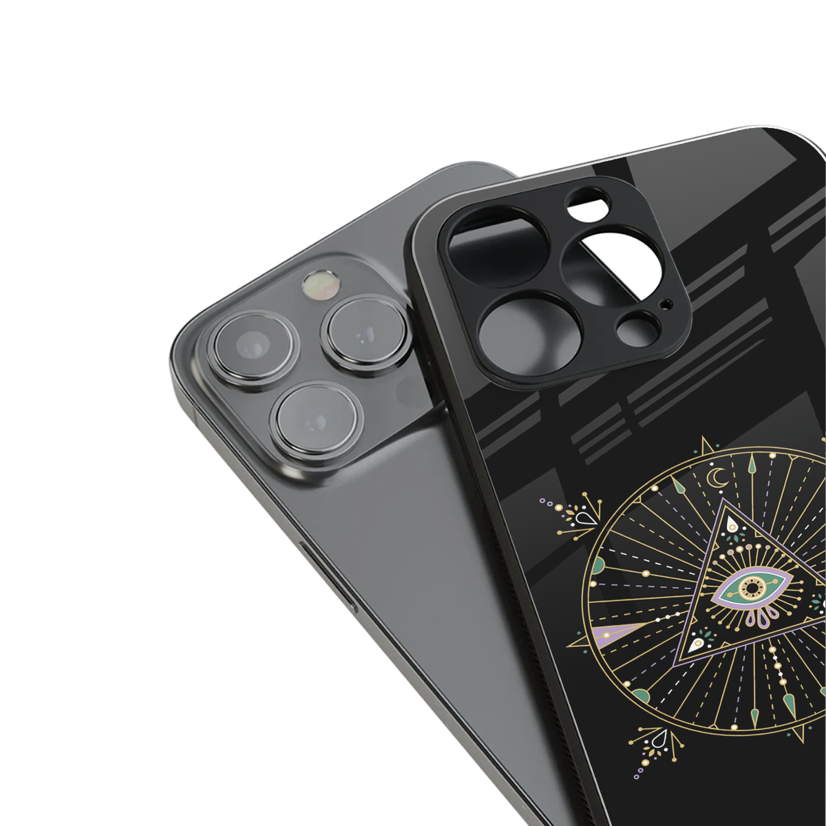 evil eye mandala black back phone cover | glass case for iphone 16 plus