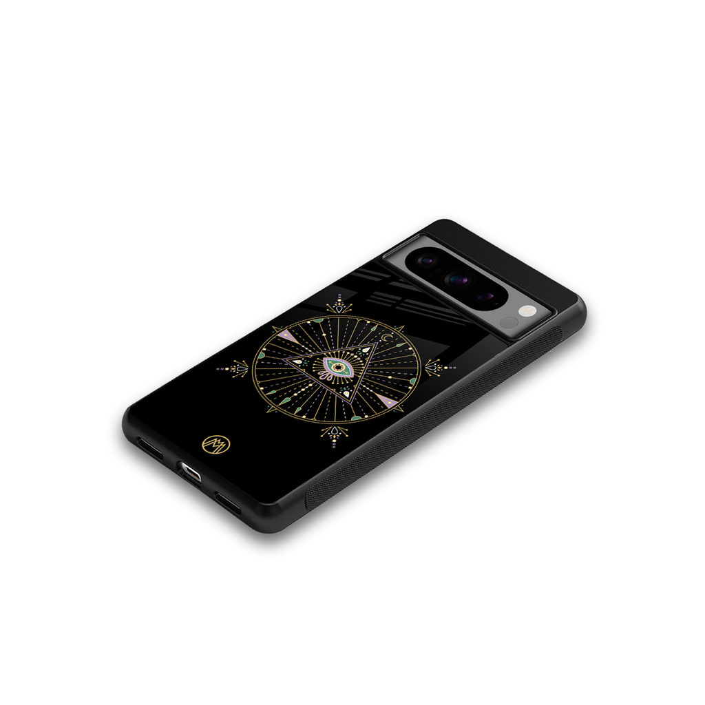 evil eye mandala black back phone cover | glass case for google pixel 8 pro