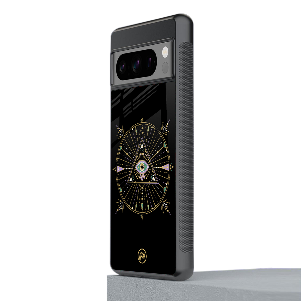 evil eye mandala black back phone cover | glass case for google pixel 8 pro